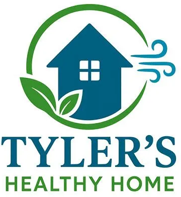 Logo for Tyler's Healthy Home: a blue house icon with leaves and wind swirls inside a green circle.
