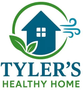 Logo for Tyler's Healthy Home: a blue house icon with leaves and wind swirls inside a green circle.