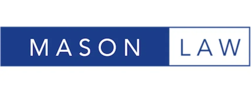 Logo for Mason Law, text in white on a blue and white rectangle.