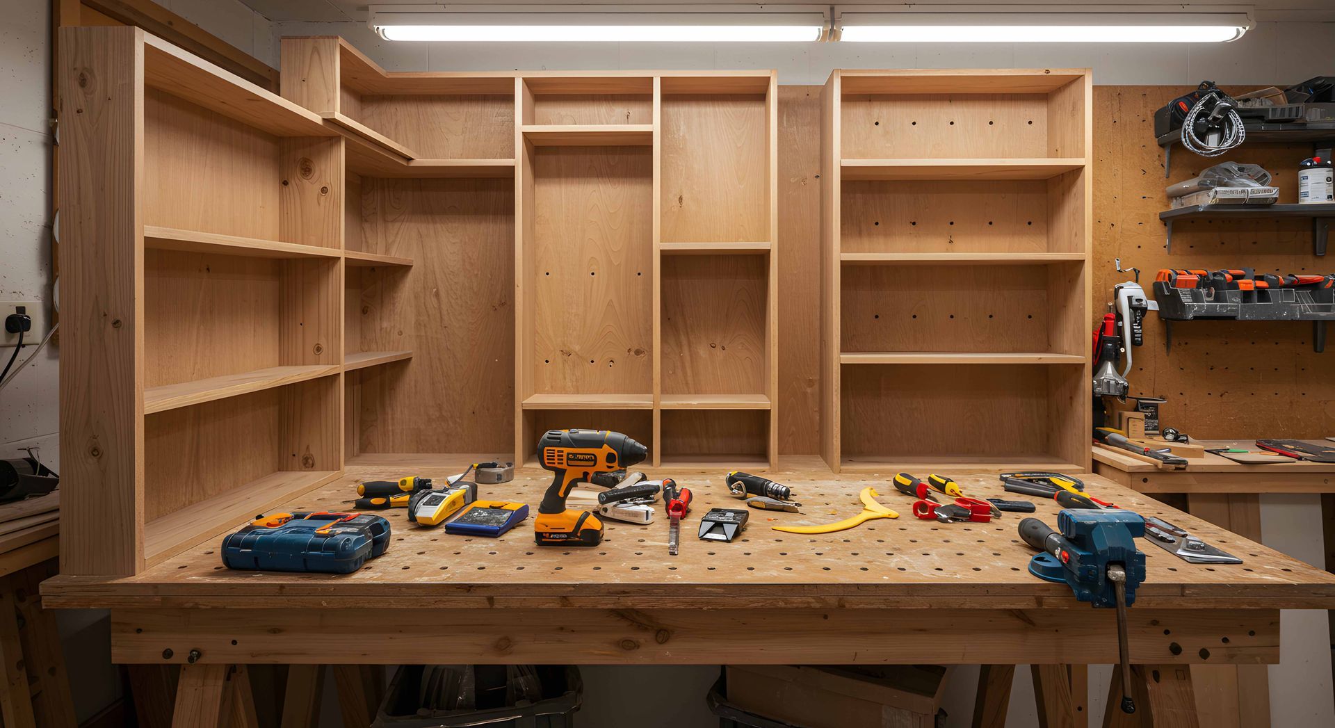Wooden workshop bench with tools and materials laid out in front of empty shelves and cabinets