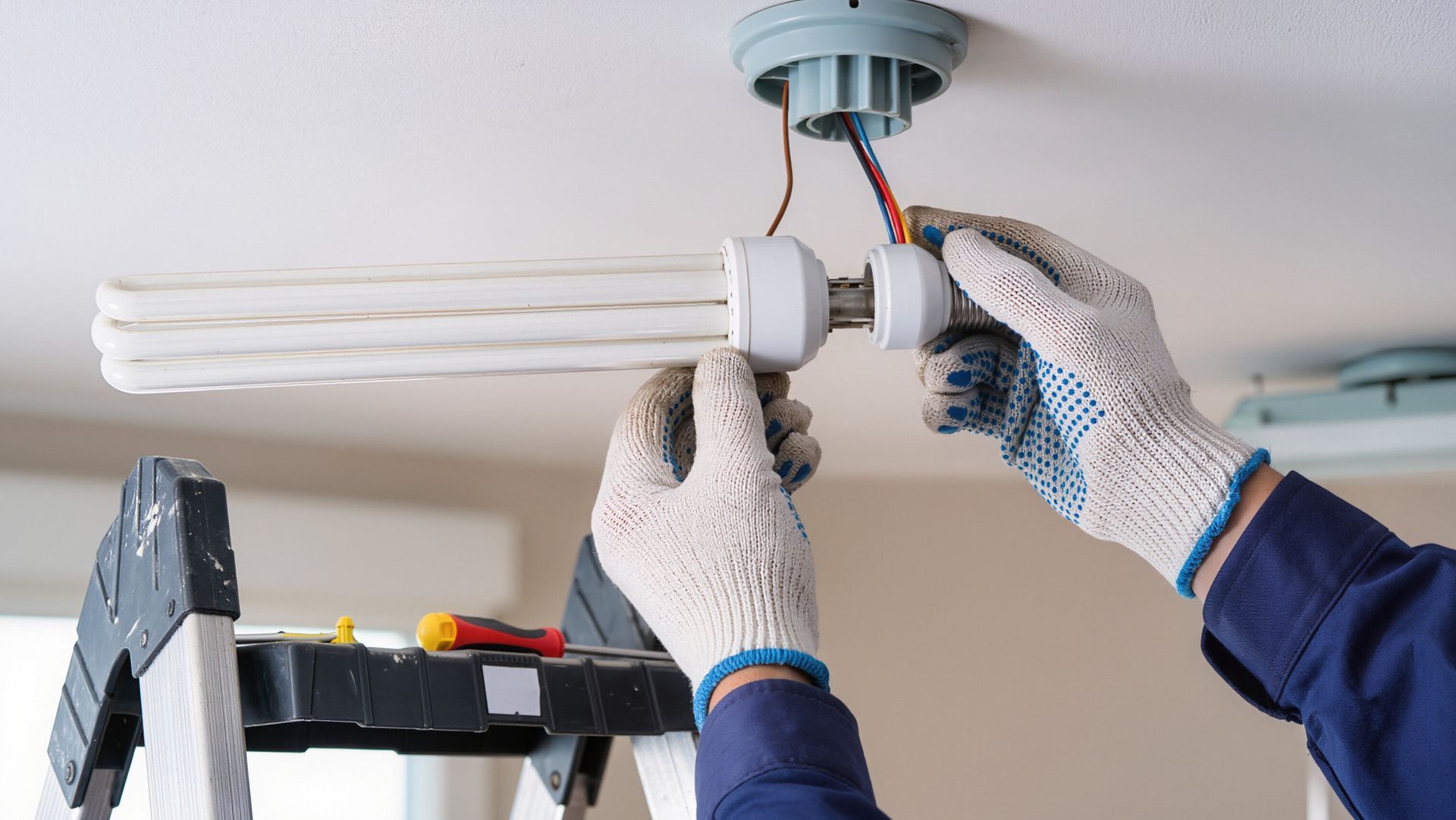 Hands installing a white ceiling light fixture with a ladder and exposed wiring.