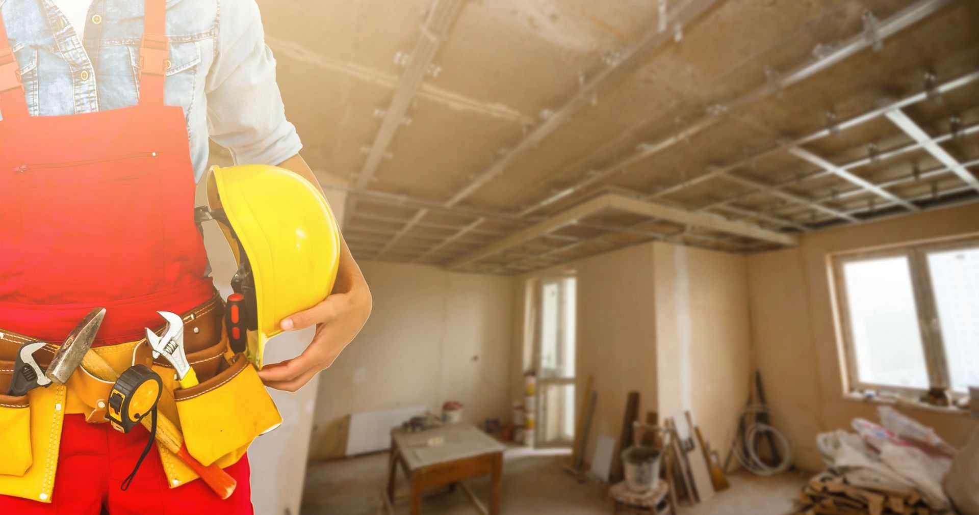 Worker in red vest and yellow hard hat inspecting a dusty room under renovation.