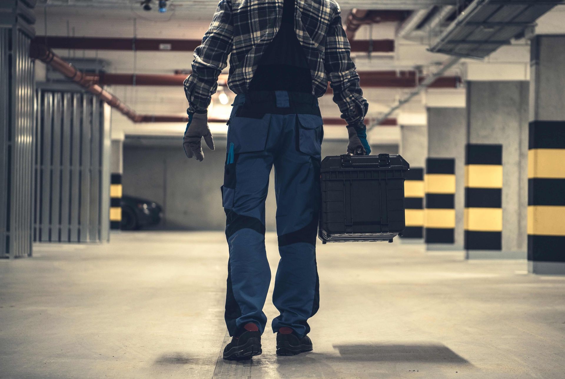 Person in work clothes walking through a parking garage carrying a black toolbox