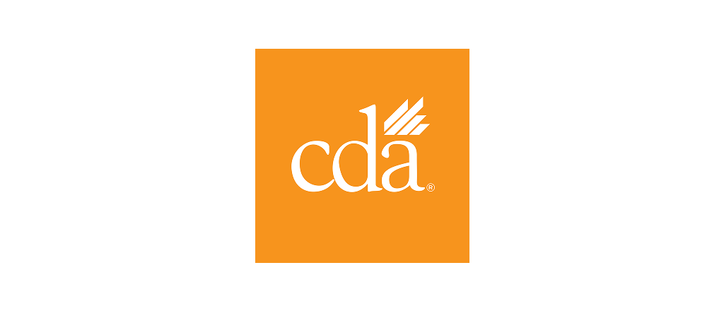 Orange square logo with white “cda.” text and three small diagonal white marks above the letters