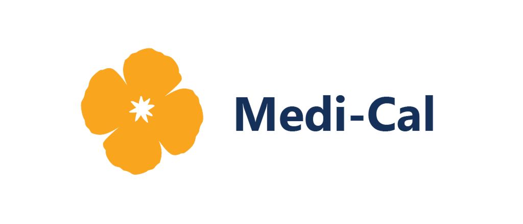 Medi-Cal logo with an orange flower icon and blue text on a white background