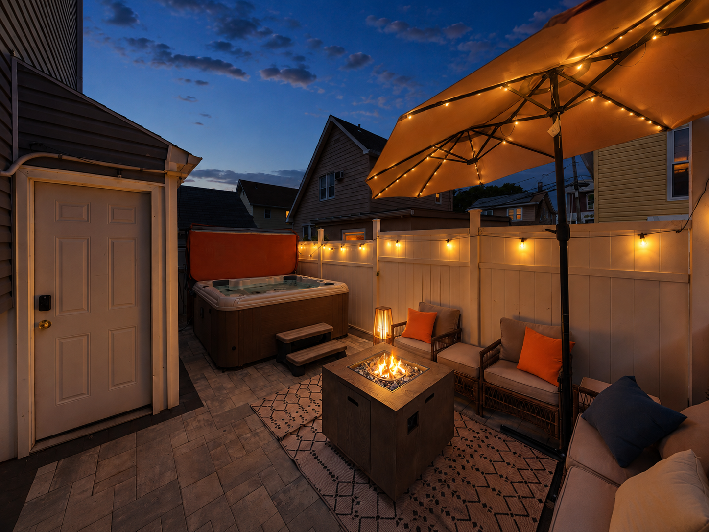 Private hot tub and fire pit at North Bergen NJ vacation rental near NYC