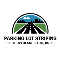 Parking Lot Striping of Overland Park, KS logo with road graphic and professional pavement marking branding.