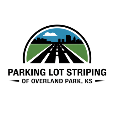 Parking Lot Striping of Overland Park, KS logo with road graphic and professional pavement marking branding.