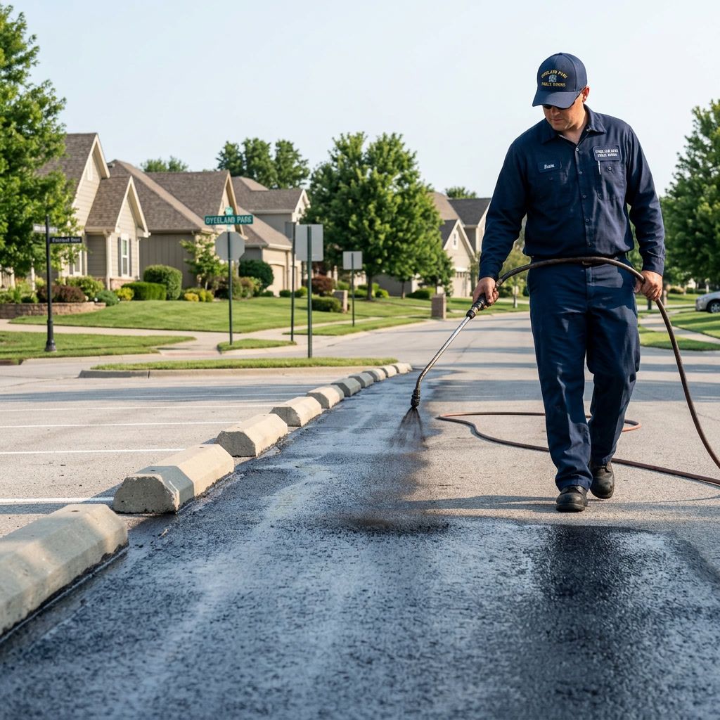 Asphalt sealcoating services in Overland Park, KS protecting pavement from cracks, wear, and weather damage.