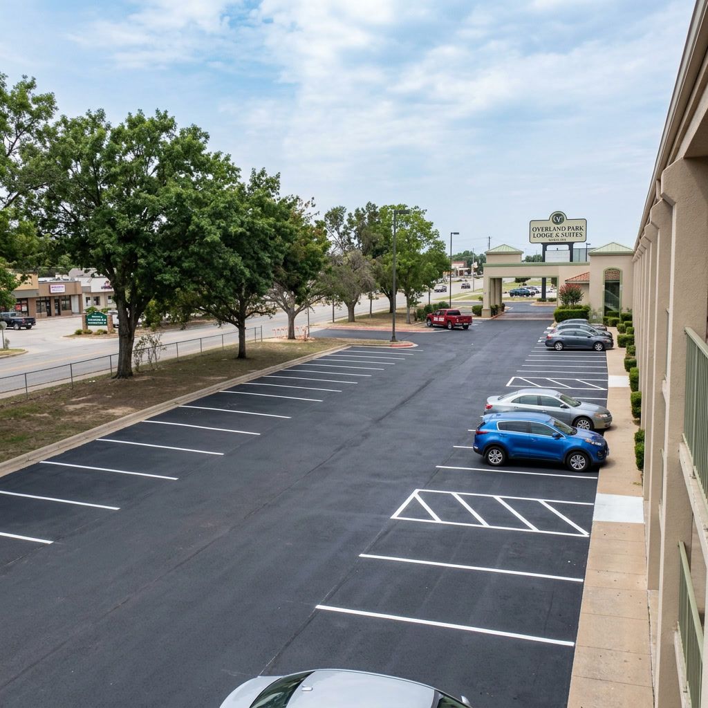 Commercial parking lot striping in Overland Park, KS with clean pavement markings and organized parking spaces.