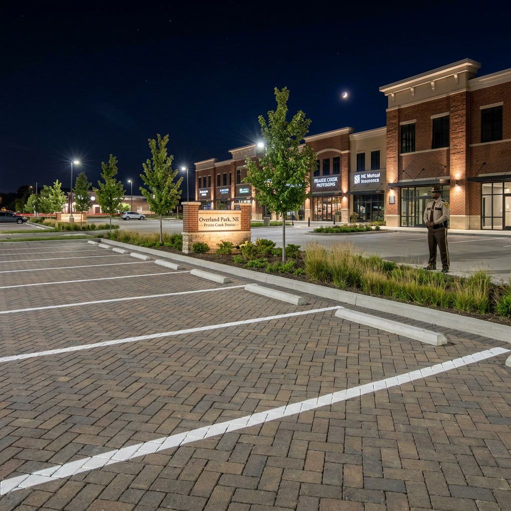 Nighttime parking lot striping in Overland Park, KS with bright white pavement markings and improved visibility.