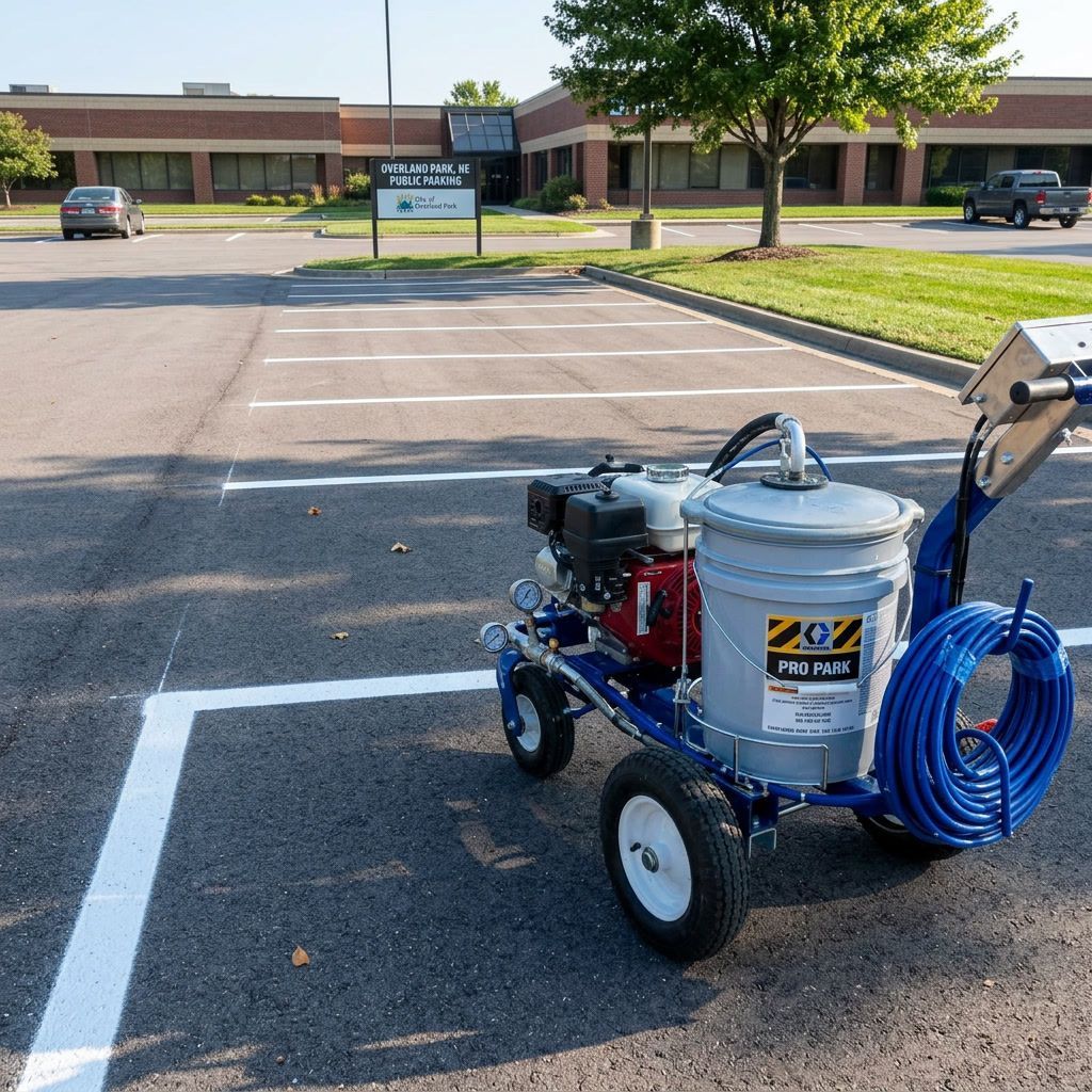Professional parking lot striping in Overland Park, KS with fresh white parking lines and striping equipment.