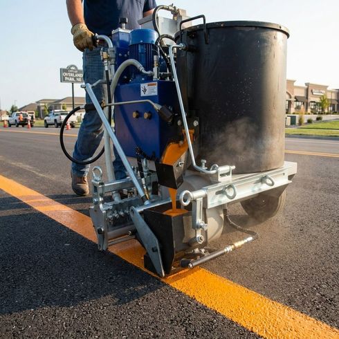 Professional parking lot striping at a gas station with clear yellow lines and numbered spaces