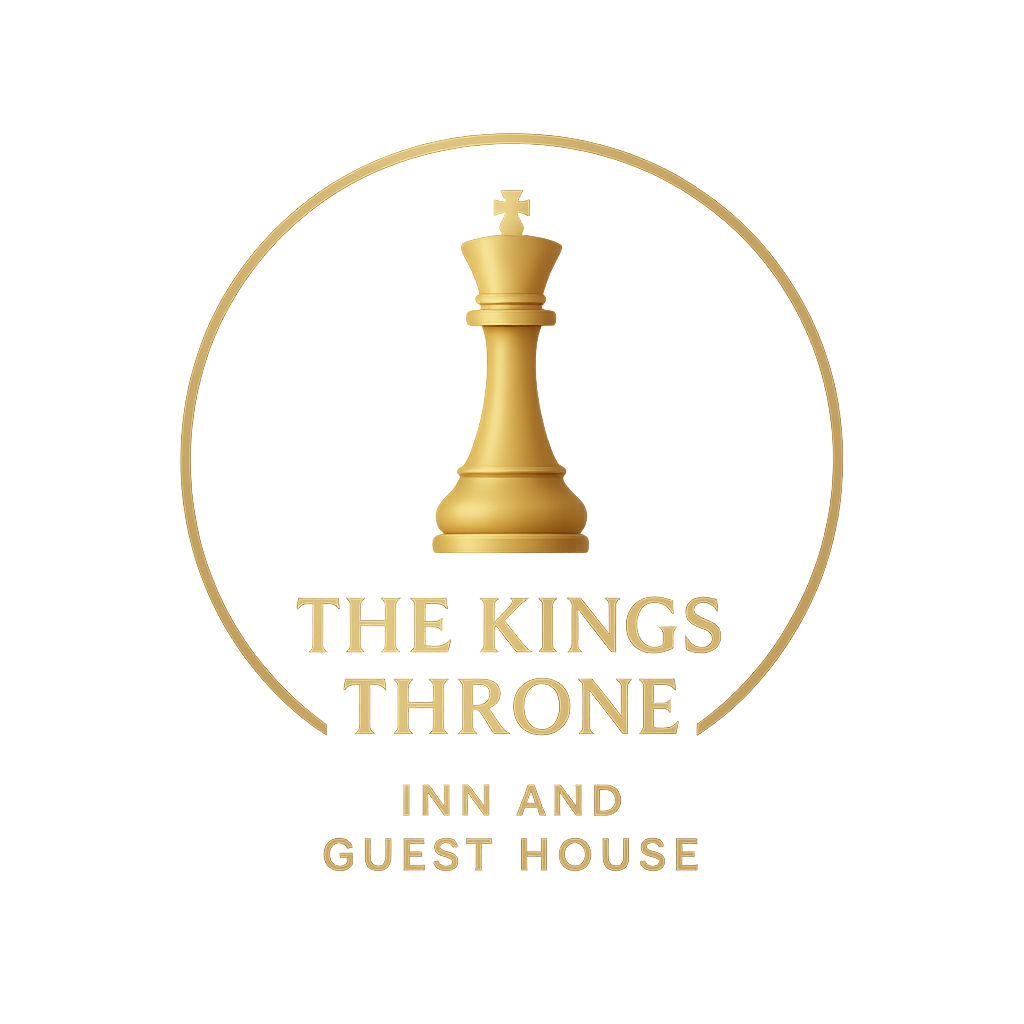 Gold logo with chess king inside a circle, text
