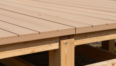 Close-up of a wooden deck corner with tan planks and visible screws