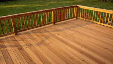 Wooden deck with railings overlooking a grassy yard in warm sunlight
