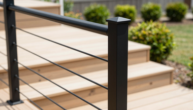 Modern black metal railing beside light wooden stairs on an outdoor deck with blurred greenery