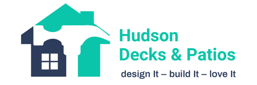 Hudson Decks & Patios logo with house, roof and turquoise design, tagline &ldquo;design it &ndash; build it &ndash; love it&rdquo;