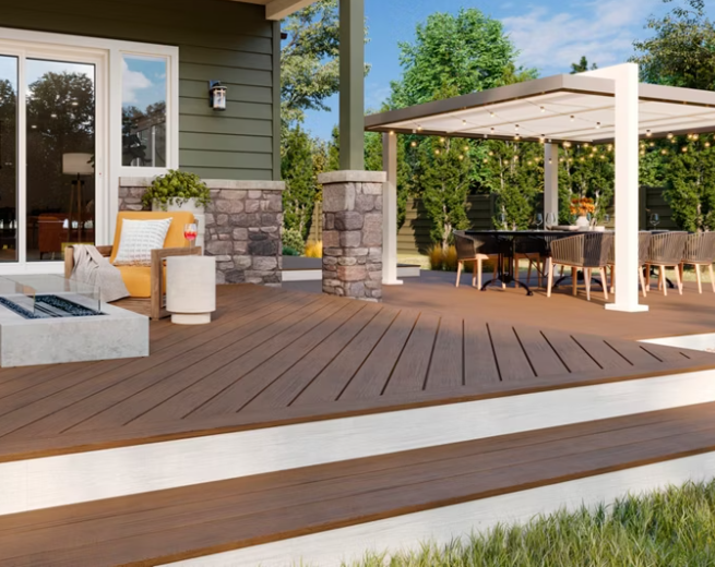 Spacious wooden deck with patio seating, pergola, and potted plants beside a house.