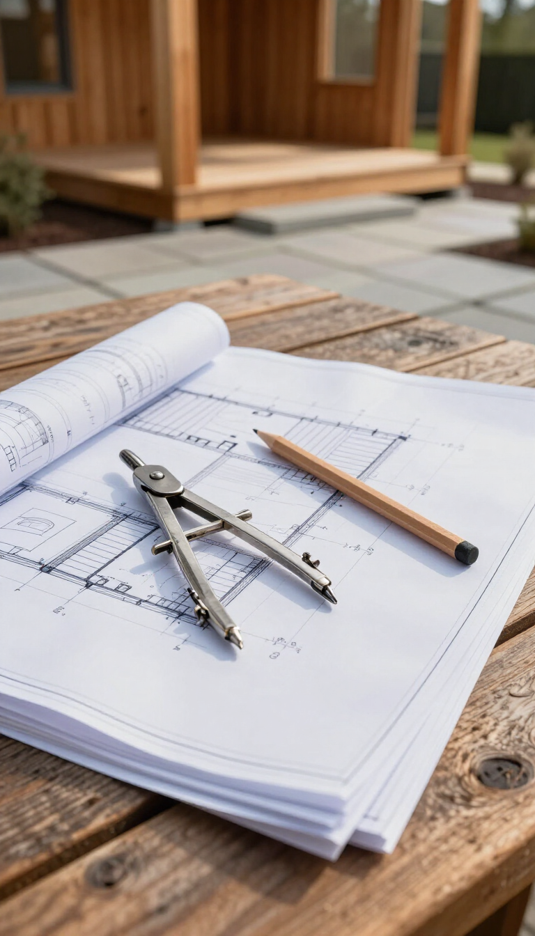 Drafting tools on rolled blueprints atop a wooden table, with a building structure blurred in the background