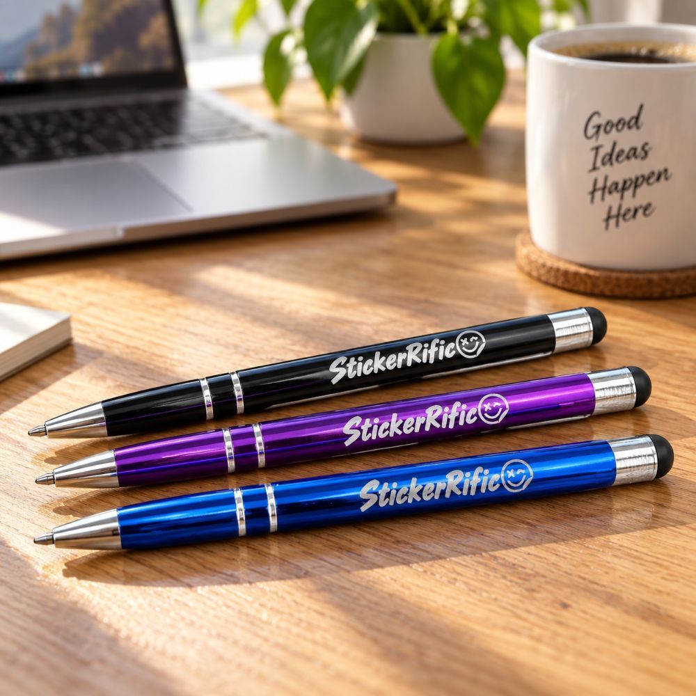 Black, purple and blue pens engraved with Stickerrific by AJS Detailing branding