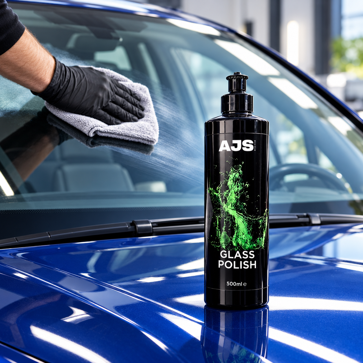 AJS Glass Polish bottle on a car windscreen from AJS Detailing