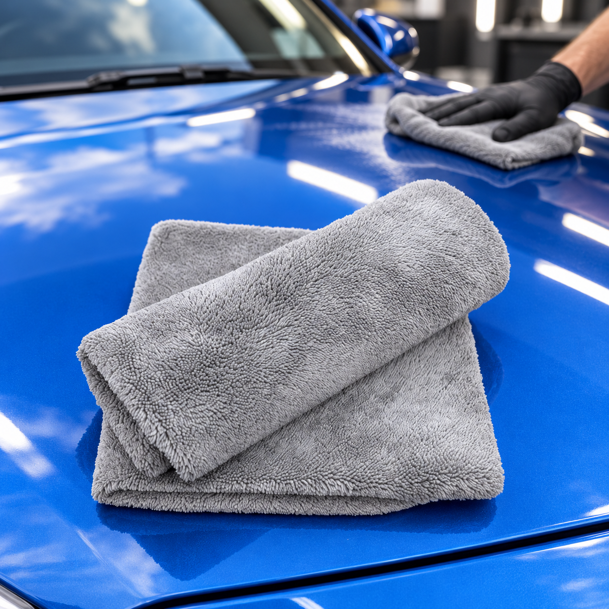 Grey AJS polishing cloths on a blue car bonnet in the existing website product photograph.