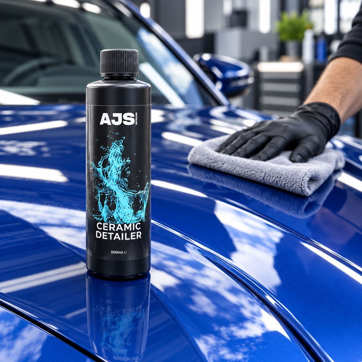 AJS Ceramic Detailer bottle beside a blue vehicle being wiped with a microfibre cloth.