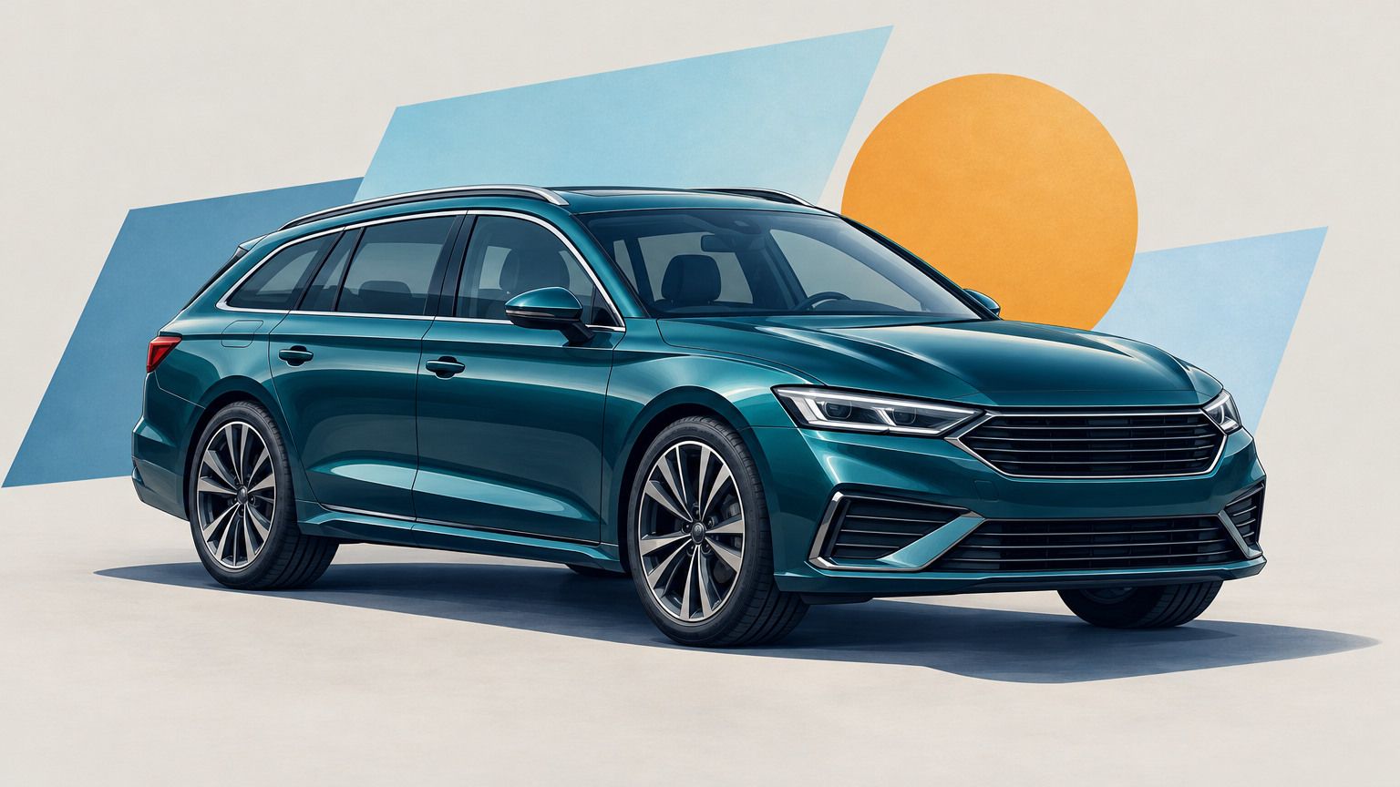 Illustrative teal estate car in an automotive magazine style, not a customer photograph or measured product result