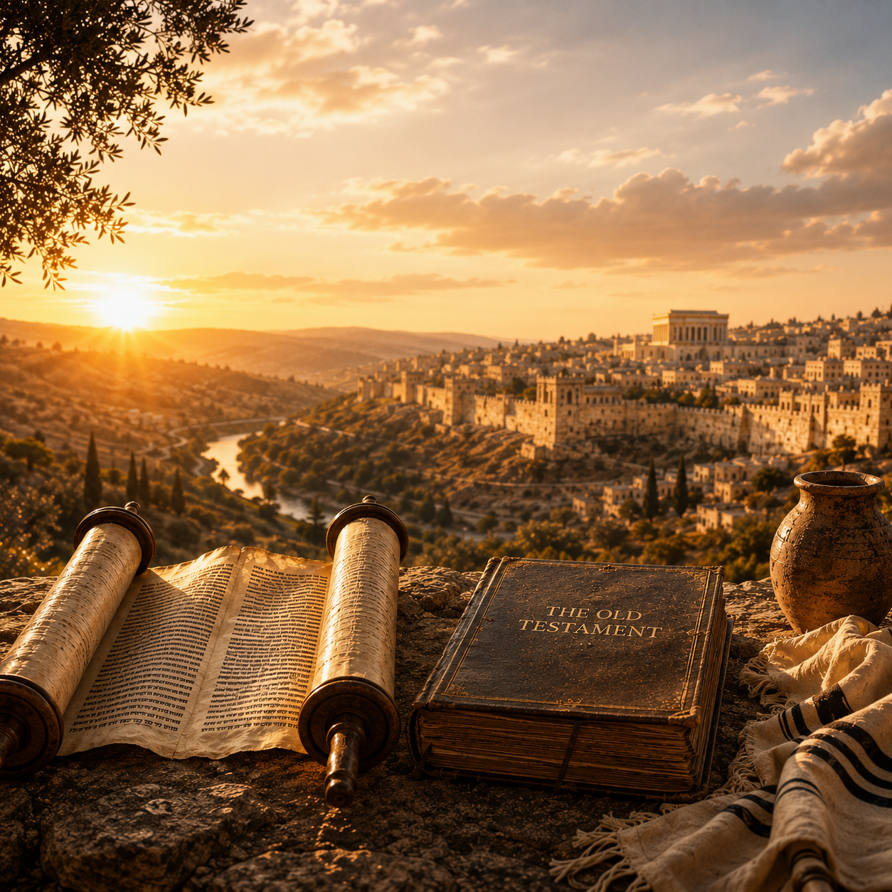 Open Torah scrolls at sunrise overlooking Jerusalem’s Old City from a hillside viewpoint