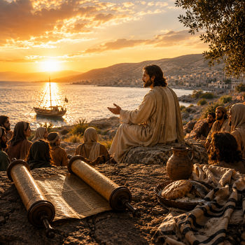 Sunset over the sea with a seated robed figure, scrolls, and companions overlooking boats and a coastal town.