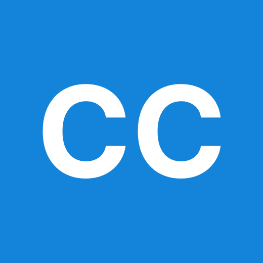 White “CC” letters on a blue background