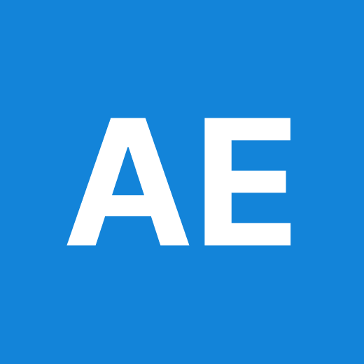 White “AE” letters on a blue square background.
