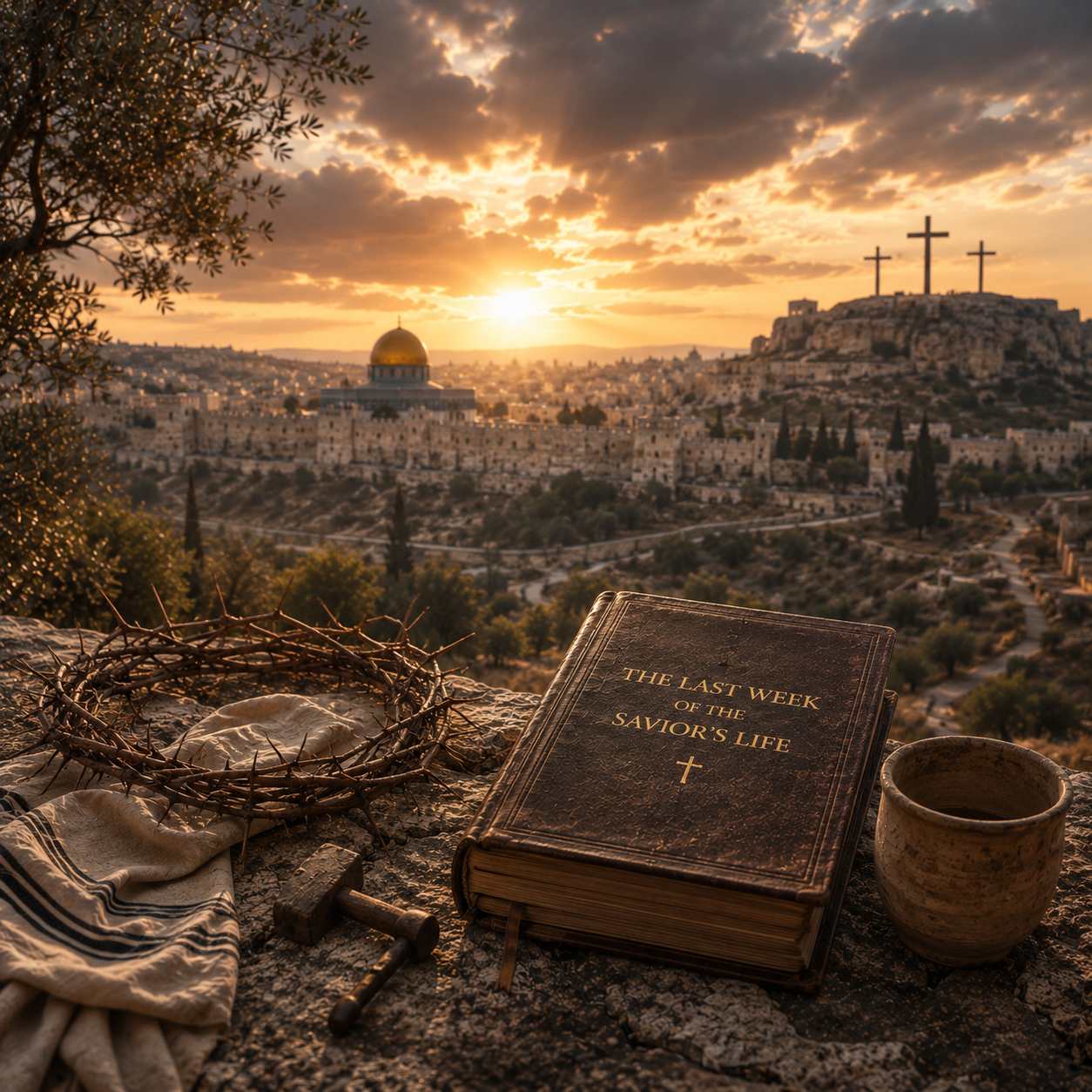 Bible, prayer beads, and cup on a hillside overlooking Jerusalem at sunset with three crosses on a hill