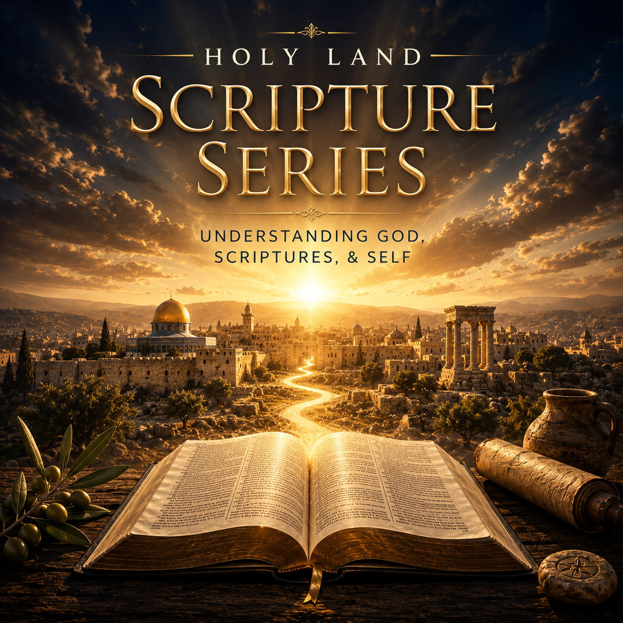 Holy Land Scripture Series book over glowing path toward a sunset city skyline