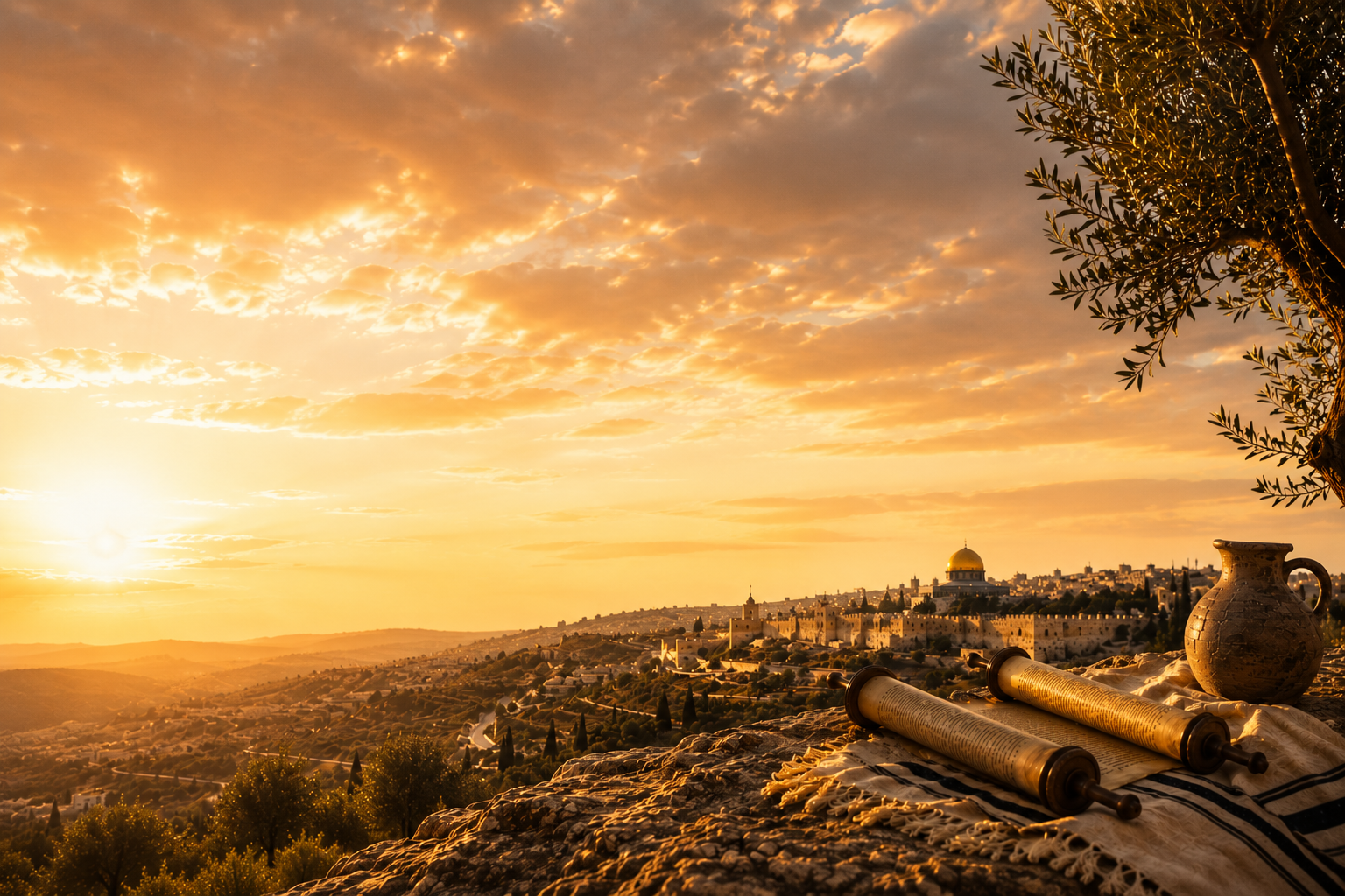 Sunset over a hillside cityscape with warm golden sky and a telescope overlooking the view