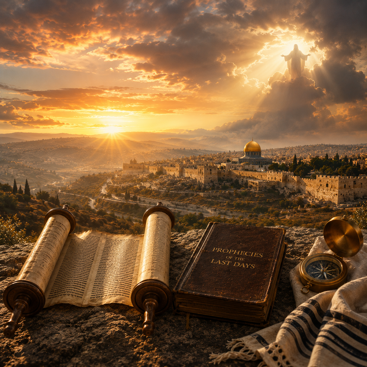 Ancient scrolls and prayer books overlook a glowing Jerusalem skyline at sunrise with the Dome of the Rock.