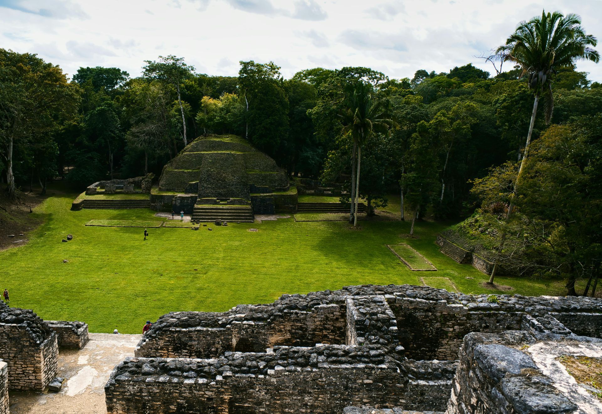 Ancient stone ruins beside a grassy clearing, surrounded by dense green jungle