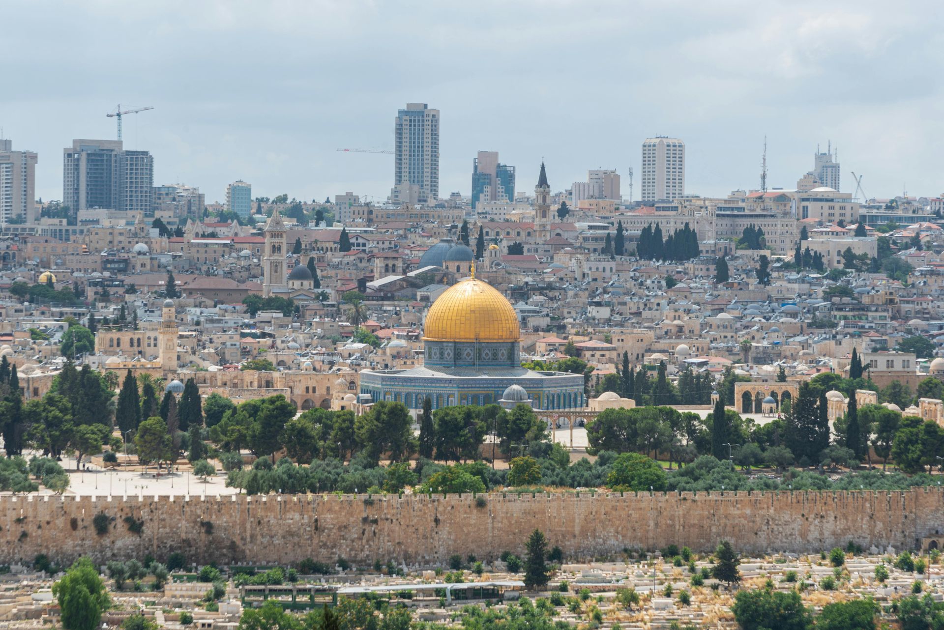 Panoramic view of Jerusalem with the golden Dome of the Rock above the Old City walls.