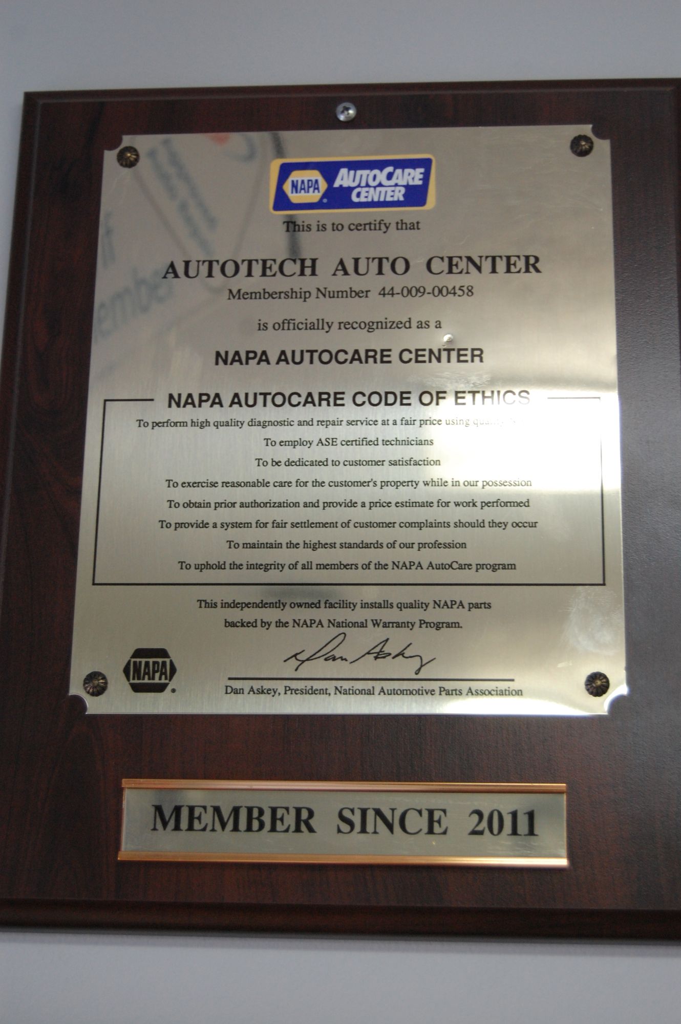 Certificate NAPA - Autotech Auto Center