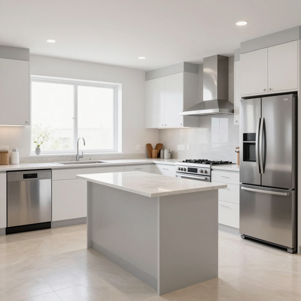 Cocina moderna y luminosa de color blanco con electrodomésticos de acero inoxidable y una isla central.