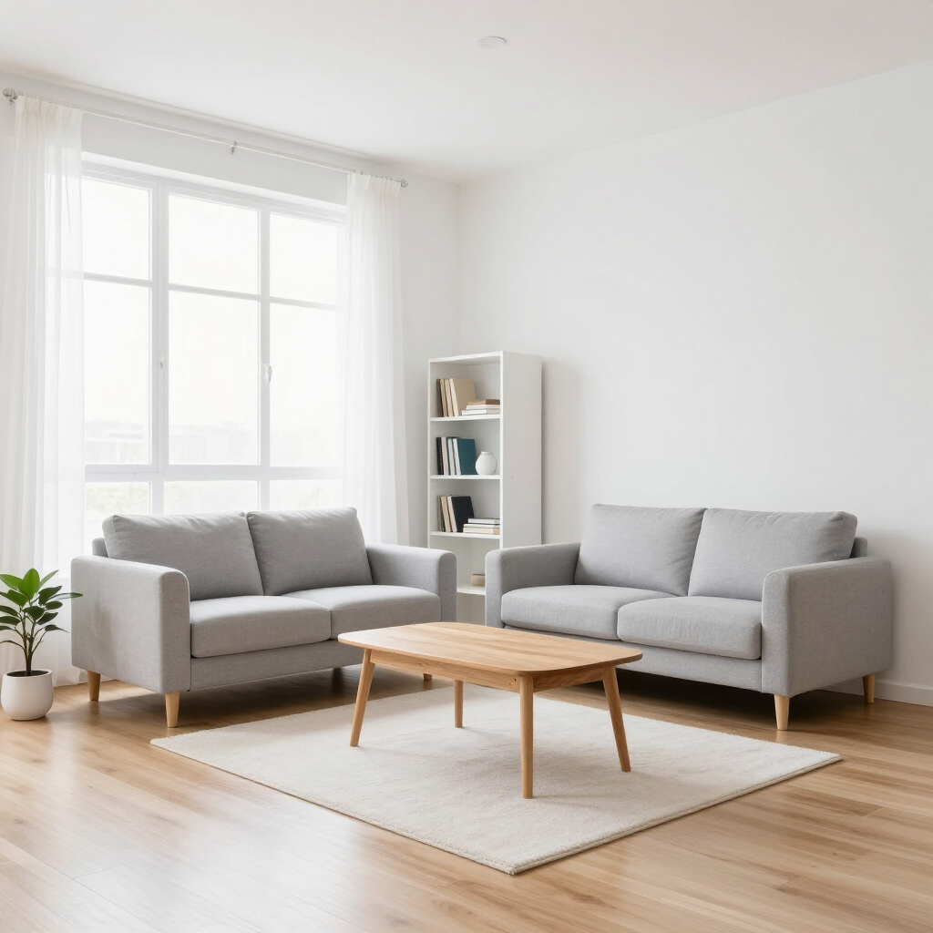 Sala de estar luminosa y minimalista con dos sofás grises, una mesa de centro de madera y una gran ventana que deja entrar la luz del sol.