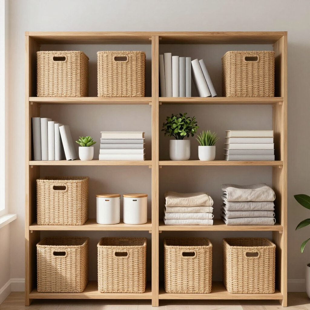 Estantería de madera con cestas de mimbre, libros, toallas y pequeñas plantas en una habitación luminosa.
