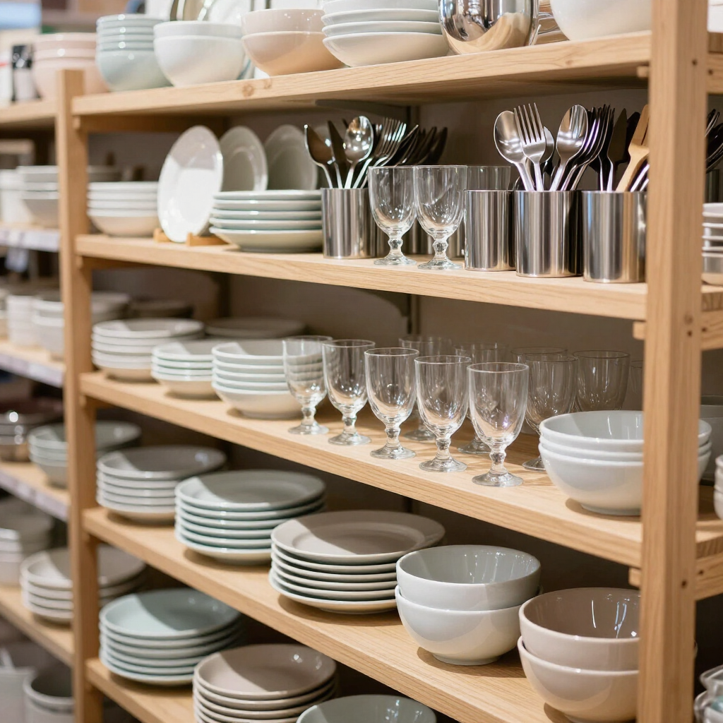 Estantes de madera apilados con platos, cuencos, vasos y cubiertos blancos en un área de almacenamiento de la cocina o el comedor.