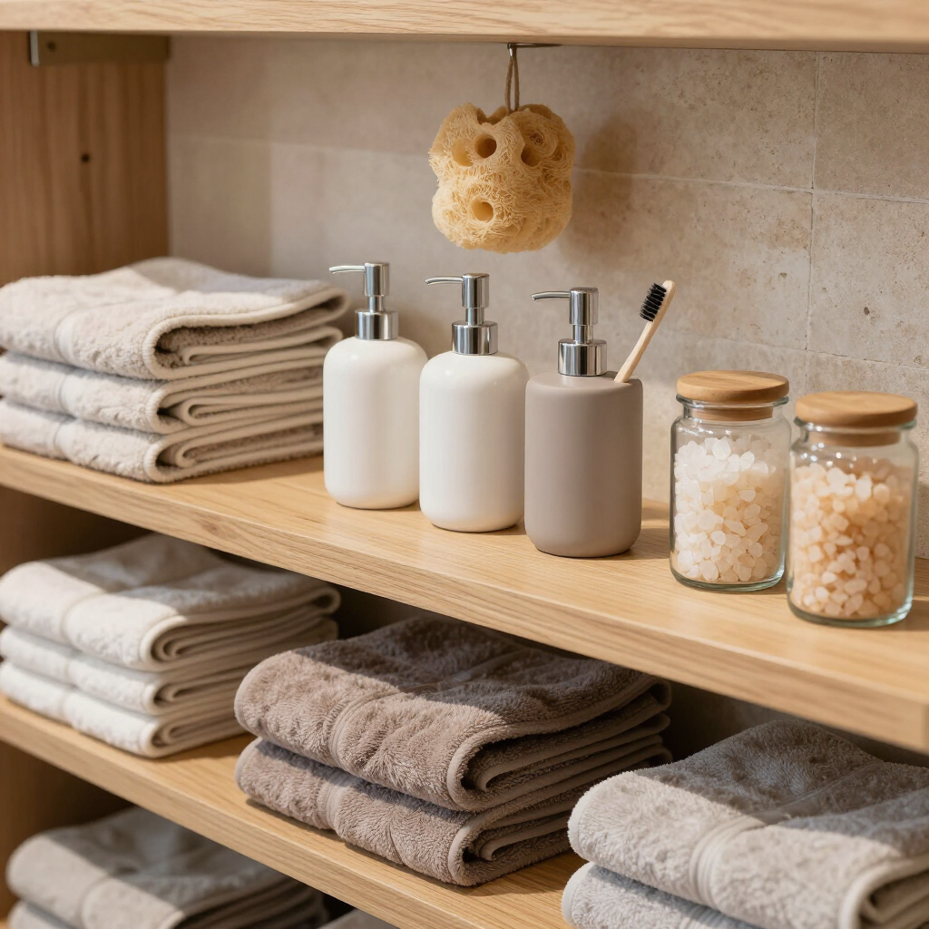 Toallas dobladas, dispensadores de jabón y frascos en estantes de madera del baño con una esponja de baño colgando.
