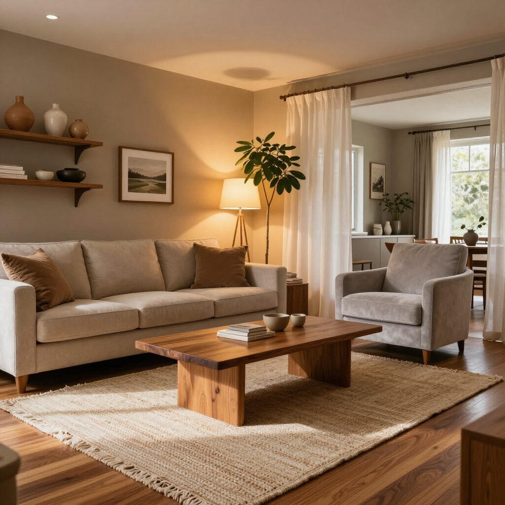 Acogedora sala de estar beige con sofá, sillón, mesa de centro de madera, lámpara y alfombra tejida.