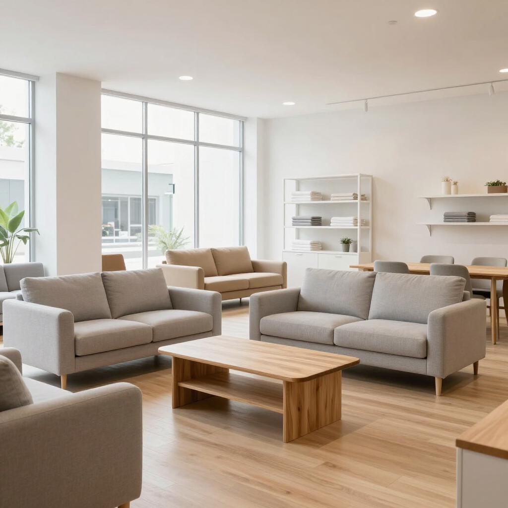 Luminoso salón moderno con sofás grises, mesa de centro de madera y grandes ventanales.