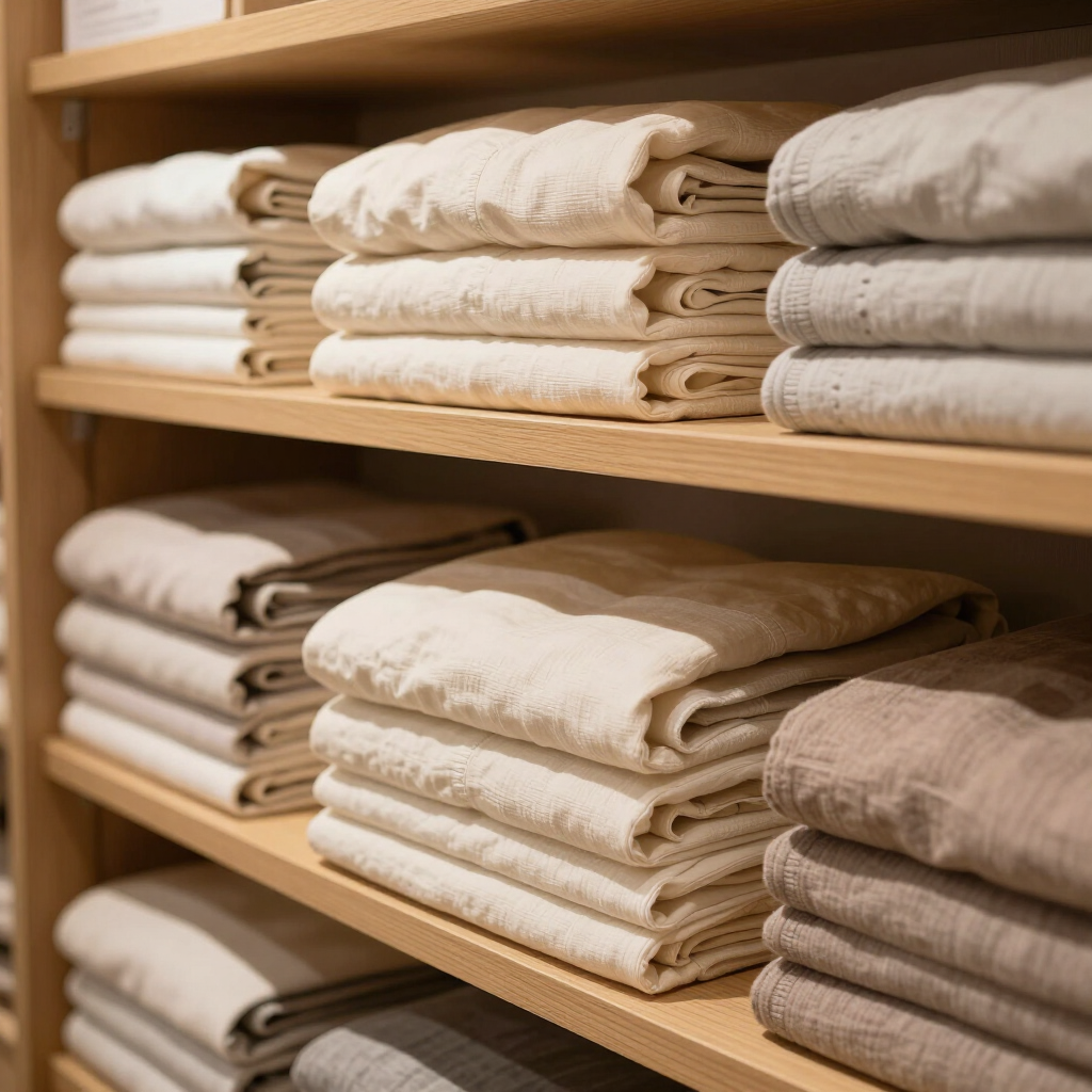 Toallas beige y blancas cuidadosamente dobladas, apiladas en estantes de madera en un armario de ropa blanca.