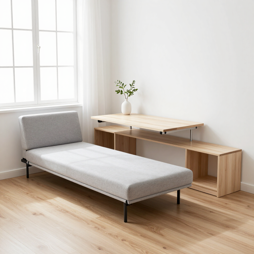 Habitación minimalista con un diván gris, un escritorio de madera y un pequeño jarrón junto a una ventana luminosa.
