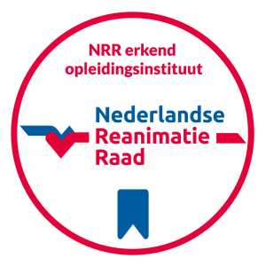 Logo van de Nederlandse Reanimatieraad: Rode cirkel met tekst en embleem ter aanduiding van een erkend opleidingsinstituut.